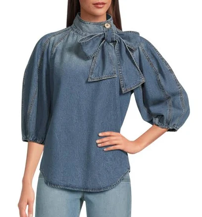 A Loves A Denim Women's Puffed Sleeve Pleated Denim Top