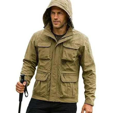 Ylsdy Military Cargo Jackets for Men Multi-Pocket Hiking Coats with Hood Zip Up Long Sleeve Trendy Bomber Jackets Khaki Xxxxl, Men's, Size: 4XL,