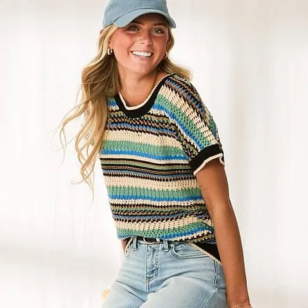 BKE Women's Cotton Resort Edit Striped Sweater with Buckle