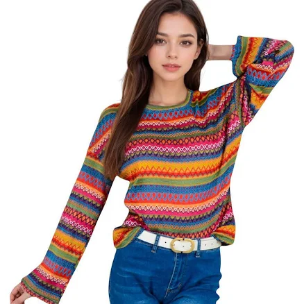 Anna-Kaci Women's Striped Knit Sweater with Long Sleeves and Crew Neck
