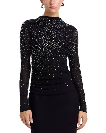 AQUA Women's Rhinestone Mesh Jersey Long Sleeve Top