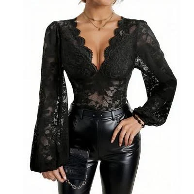 Lace Bell Sleeve Sheer V-Neck Bodysuit