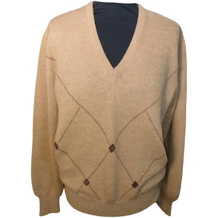 Beige Argyle Wool V-Neck Sweater