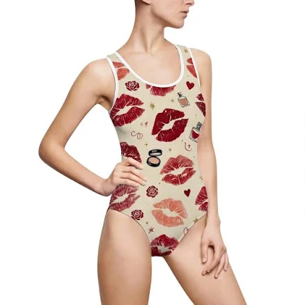Romantic Kiss Hearts Makeup Print One-Piece Swimsuit