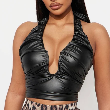 Fashion Nova Ruched Faux Leather Halter Top