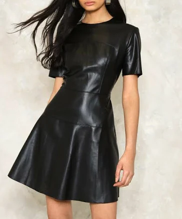 Short Sleeve Women Leather Dress Black Paneled Leather Dress Skater