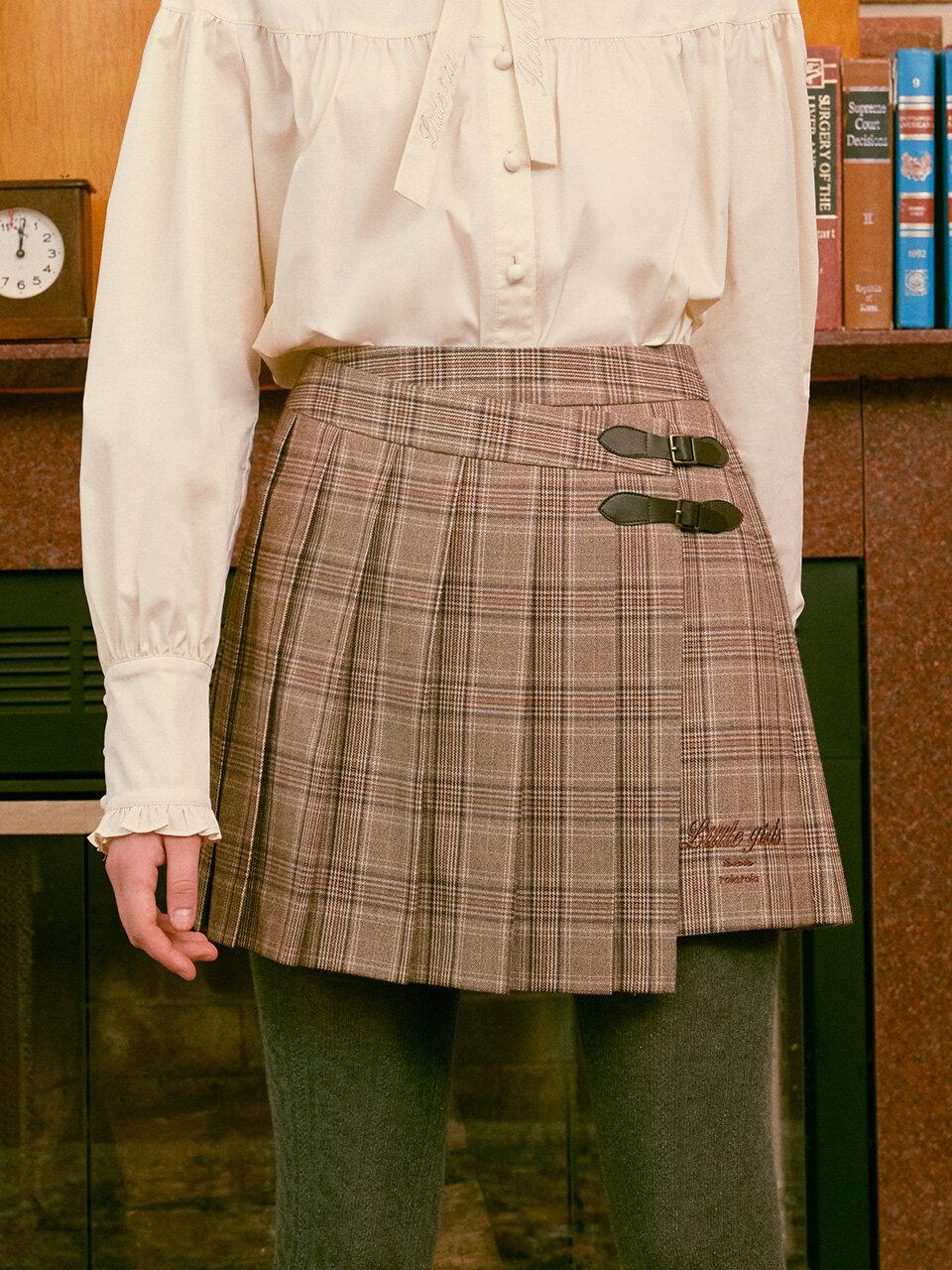 Unbalanced Hem Pleats Mini Skirt_Brown
