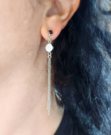 Sterling Silver Asymmetric Dangle Garnet Chain Drop Earrings