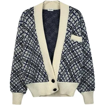 Saint Laurent Wool Cardigan Navy Cream Diamond Pattern L EU