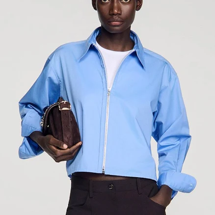 Sandro Women's cotton Cropped logo zip cotton shirt for Spring/Summer, size Medium, in color Blue / Blue