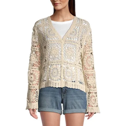 World Market Natural Crocheted Tile Cardigan