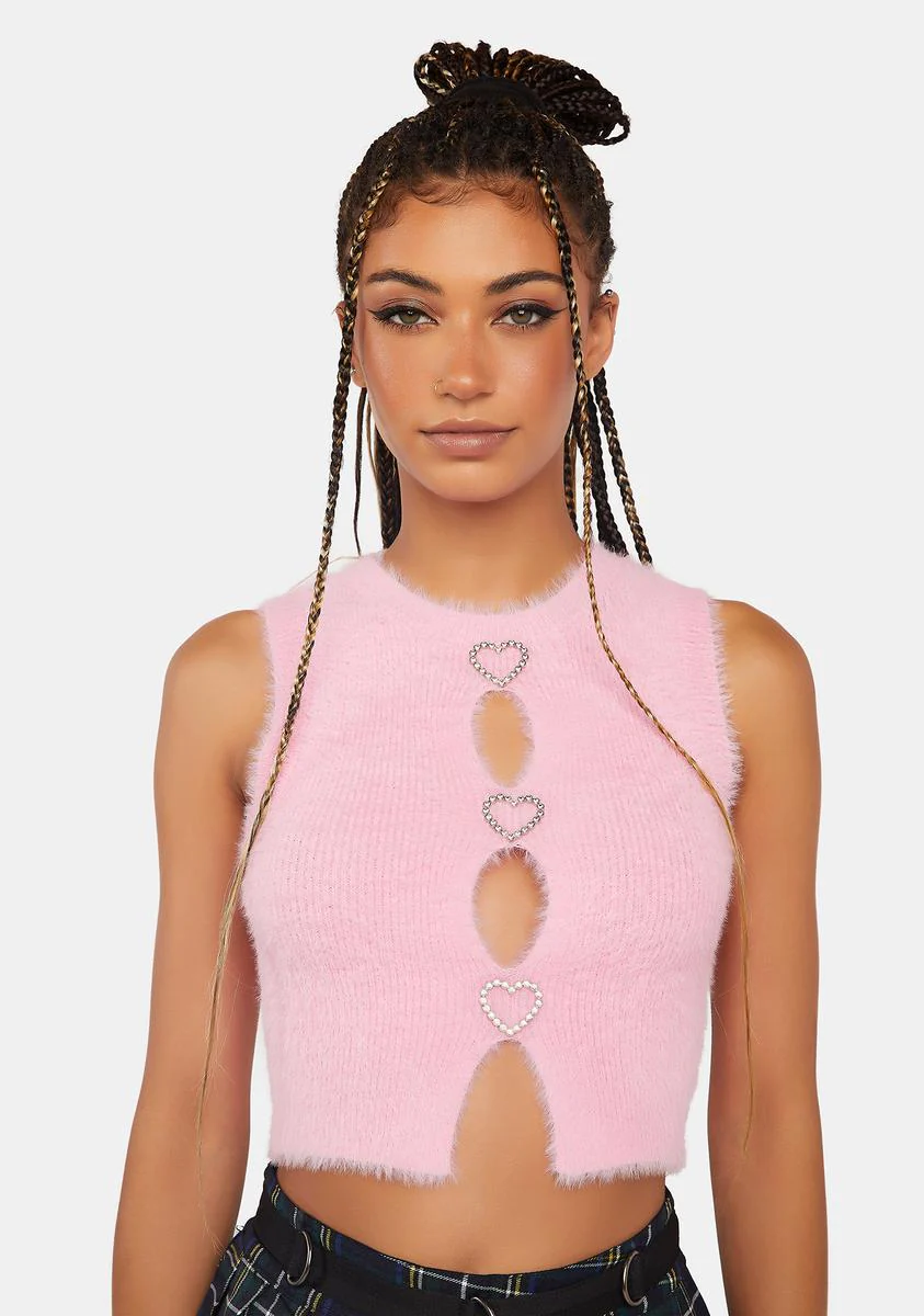 Pretty Garbage Knit Cut Out Rhinestone Heart Crop Top