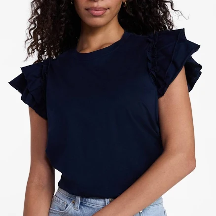 Time and Tru Women's Cotton Crewneck Tee with Ruffle Flutter Sleeves
