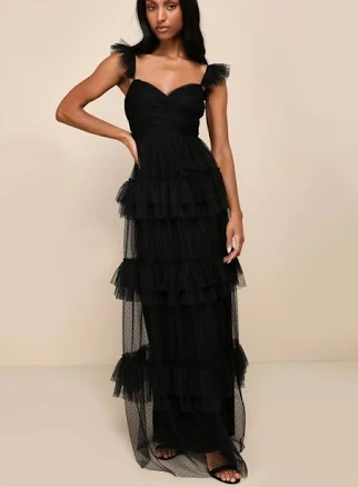 Black Mesh Swiss Dot Tiered Maxi Dress | Womens | Small (Available in M, L) | 100% Polyester | Lulus | Holiday Dresses | Prom