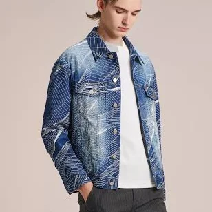 Washed Denim Jacket with Wire Pattern Print