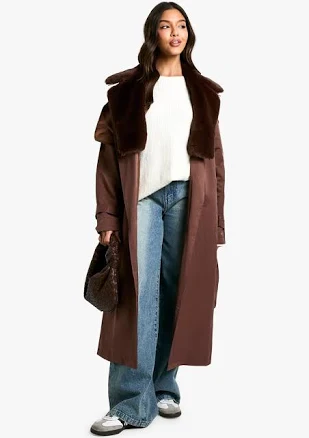 Boohoo Women's Fur Trim Trench Coat