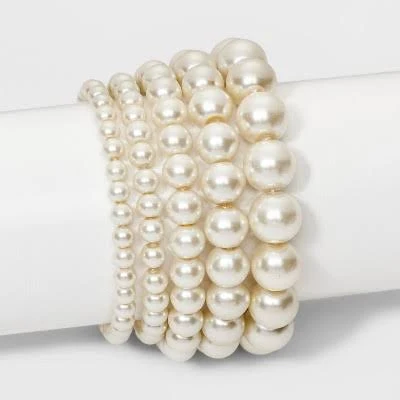 Faux Pearl Stretch Bracelet 5pc - A New Day White: Glass & Plastic Material, One Size Fits Most