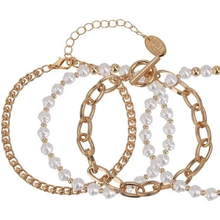 Time and Tru Women's Plated Faux Pearl Bracelet Set (4-Pack)