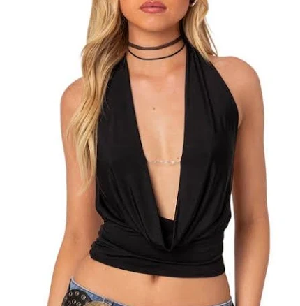 EDIKTED Plunge Cowl Neck Crop Halter Top in Black at Nordstrom, Size Large