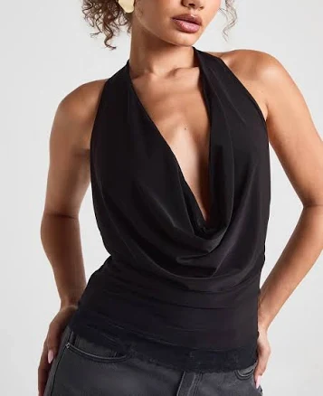 Boohoo Women's Double Layer Slinky Cowl Neck Lace Trim Top
