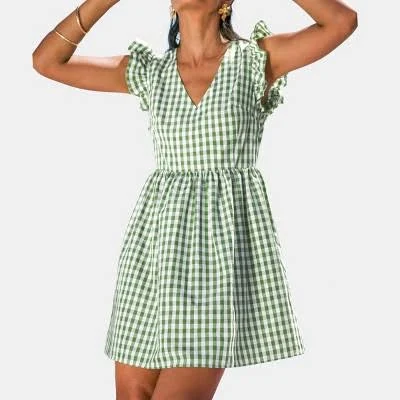 Cupshe Women's Gingham Puff Sleeve Tie Back Dress