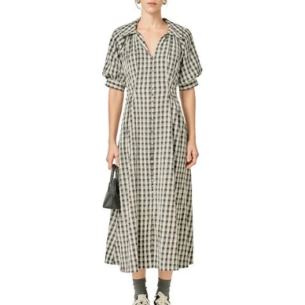 English Factory Women's Gingham Puff Sleeve Seersucker Shirtdress