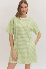 Gingham Check Print Mini Dress - Celery - Medium