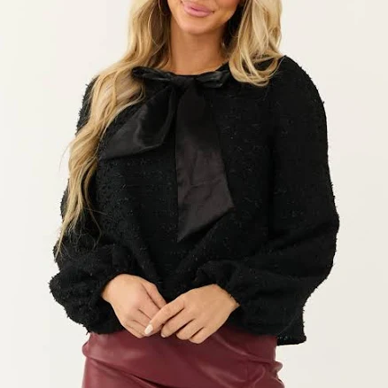 Front Bow Tweed Puff Sleeve Top