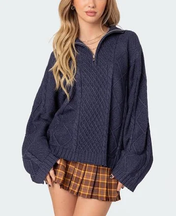 Edikted Oversized Quarter Zip Cable Knit Sweater