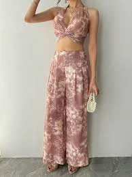 Women's Casual Floral Print Halter Twist Vest And Wide Leg Pants 2-Piece Set, Spring/Summer Cruise Outfit For Women Boho Vacation Outfits Women
