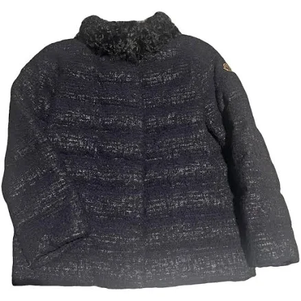 Moncler Navy Shimmer Tweed Jacket with Lamb Fur Collar Size 0