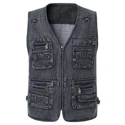 Men's Sleeveless V-Neck Denim Vest with Multiple Pockets