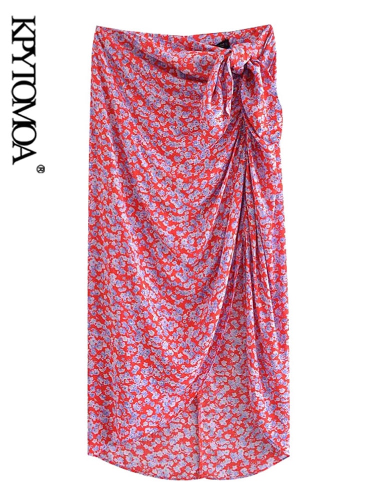 Women Fashion With Knot Floral Print Front Vents Midi Skirt Vintage High Waist Back Zip[C00071584]
