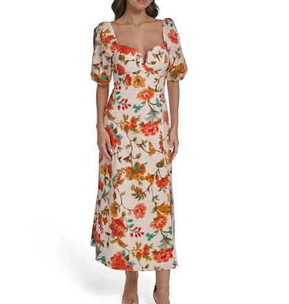 Vince Camuto Women's Square Neck A-Line Puff Sleeve Floral Print Midi Dress