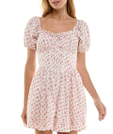 Row A Juniors' Floral Print Cotton Puff-Sleeve Fit & Flare Dress