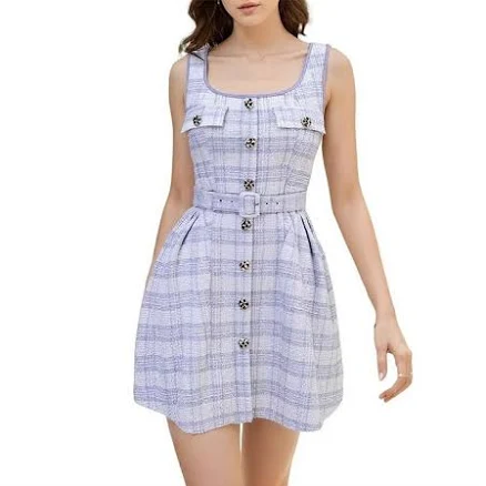 Women's Sleeveless Square Neck Plaid Tweed Mini Dress