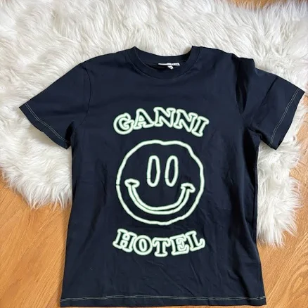 Ganni Hotel Smiley Face Graphic Navy 100% Cotton Crew Neck T-shirt Xs