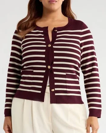 Tahari ASL Women's Plus Size Scoop-Neck Striped Cardigan