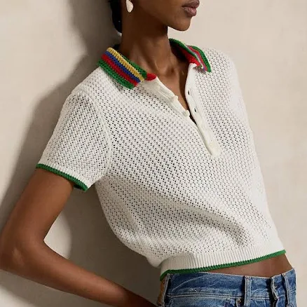 Polo Ralph Lauren Women's Striped-Collar Pointelle Polo Shirt