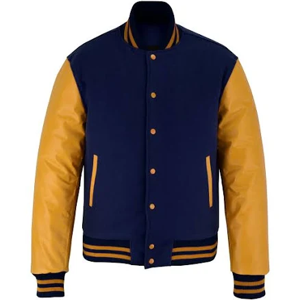 Classic Varsity Letterman Jacket Navy Blue Wool with Gold Sleeves