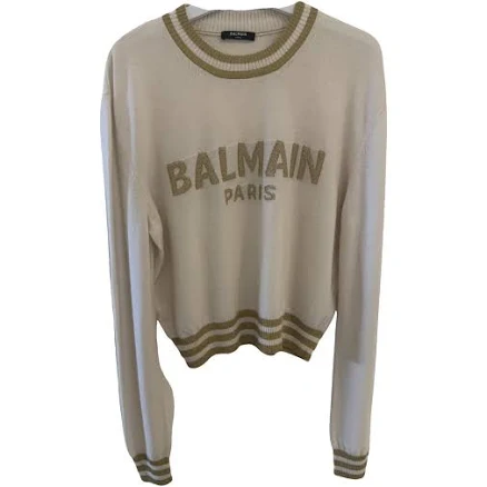 Balmain Wool Jumper Cream Gold Stripes Size 38 FR