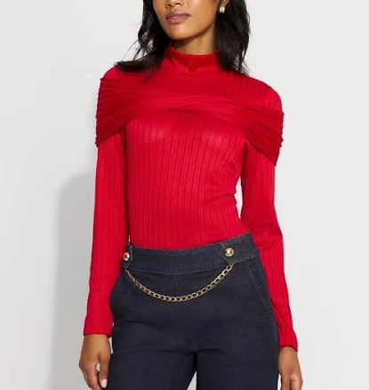 White House Black Market Petite Convertible Mockneck Ribbed Knit Top