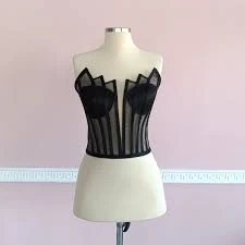 Black Transparent Tulle Corset Bustier: Strapless Laced Underwire Crop Top