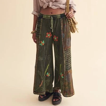 Wide Leg Embroidered Flower Pants