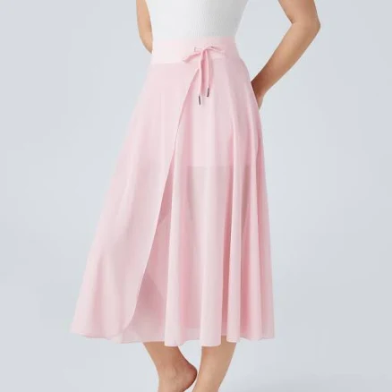 Halara High Waisted Drawstring Contrast Mesh 2-in-1 Pocket Flowy Midi Flare Casual Skirt
