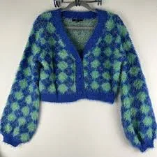 Delia's Cropped Cardigan Argyle Soft Thick Fluffy Blue Green Comfy Junior L
