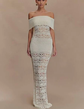 MESHKI Solstice Off Shoulder Crochet Knit Maxi Dress