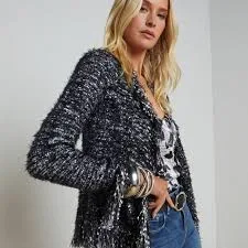 NWT L'AGENCE 'Azure' Cardigan Blazer Multi-Tweed Knit Fringe Trim Size Small