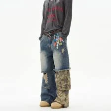 Camouflage Mix Damage Wide Leg Denim Jeans WN16353 - blue / XL