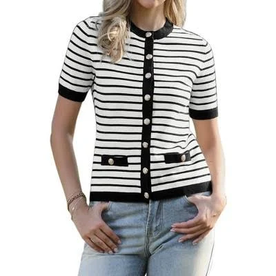 Inspire CHIC Women's Striped Short Sleeve Button Color Block Cardigan